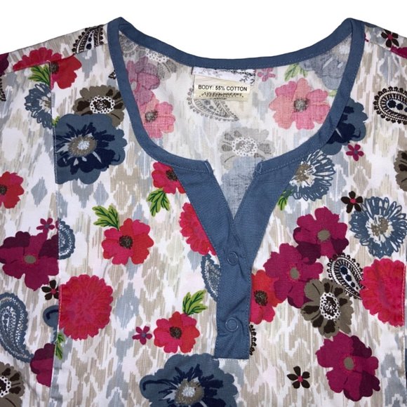 UA Scrubs Top Red Floral with Blue Brown Paisley Print Size LG - Picture 5 of 8